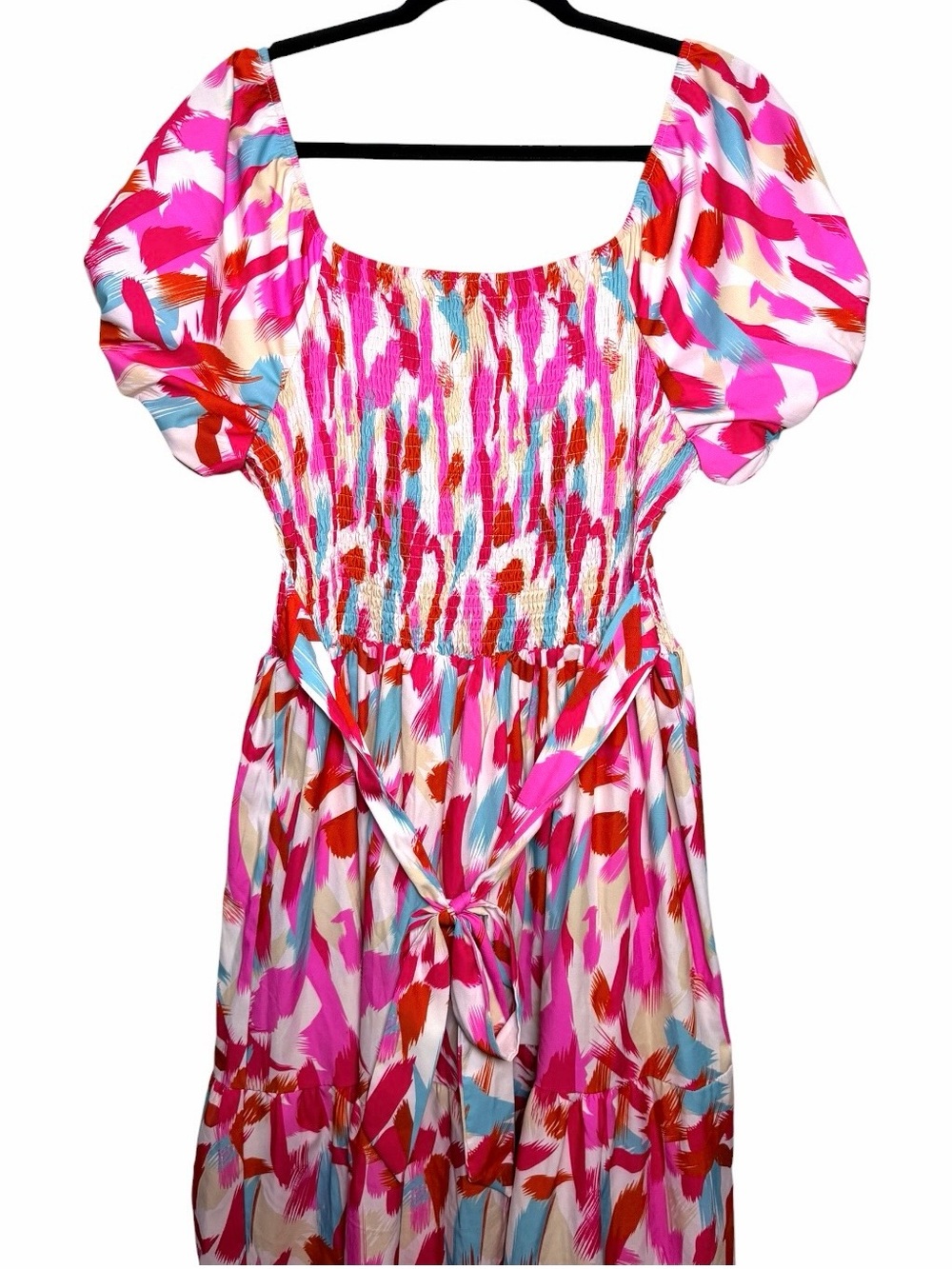 Abstract Brushstroke Smocked Puff Sleeve Tiered Maxi Dress XL Resort - Picture 6 of 9